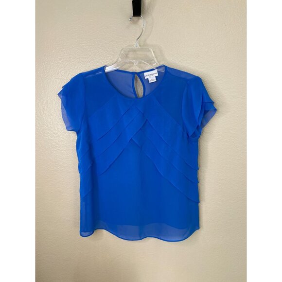 Liz Claiborne Petite Womens Blue Layered Ruffle Short Sleeve Blouse PM Polyester - Picture 2 of 6